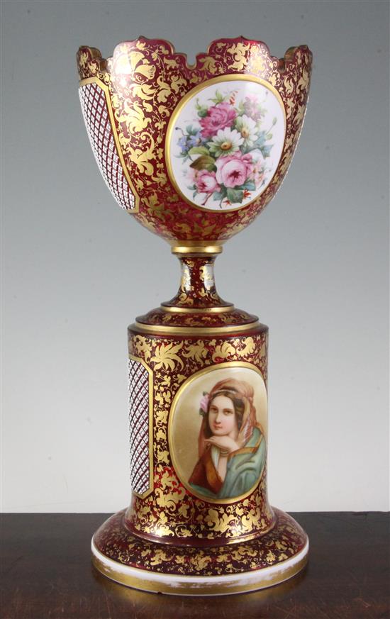 A Bohemian enamelled and overlaid glass pedestal vase, late 19th century, 37.5cm